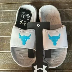 $70 Under Armour Project Rock 3 Men\'s Sz 8 Grey Blue Surf Slides Sandels Under Armour Project Rock 3 Unisex Rubber Slide - White main image 3